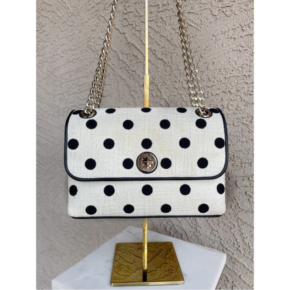 KATE SPADE Black & White Polka Dot Textured Natalia Chain Strap Flap Satchel Bag - Picture 4 of 17